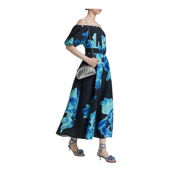 Nicholas the Label Blue Santha Floral Off-the-Shoulder Midi Dress Size 6 - Picture 1 of 13